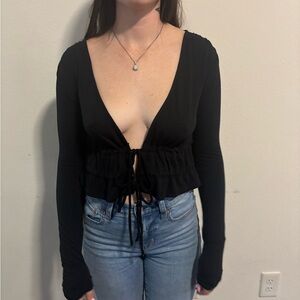 Fashion Nova Sexy Black Deep V-Neck Long Sleeve or Wrap Top Sz S